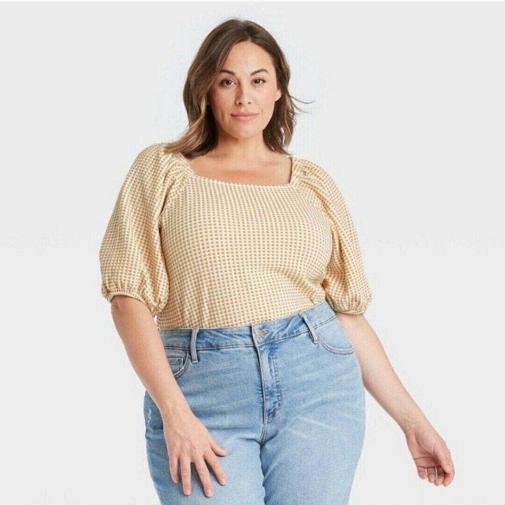 Ava & Viv Square Neck Slim Fit Puff Sleeve Top in Gold Check Womens Plus Size 3x